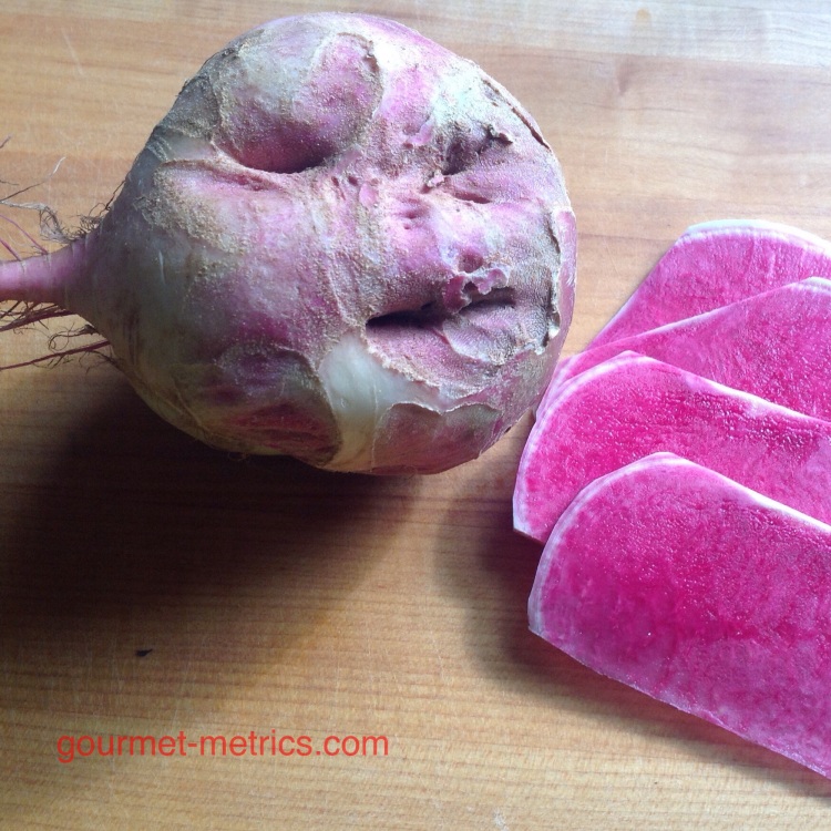The Watermelon radish, also known as Rooseheart or Red Meat, is an heirloom Chinese Daikon radish. 