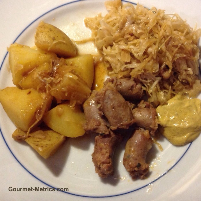 sauerkraut, potatoe, sausage, mustard